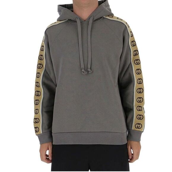 Gucci Interlock G Gray Hoodie With Tan Logo Stripe Sleeve Men’s XXL - Picture 1 of 16